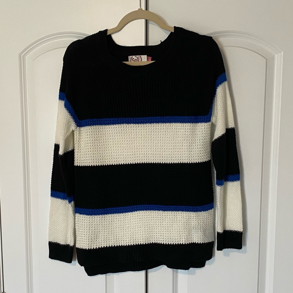 SO | Blue Black and White Striped Knit Sweater